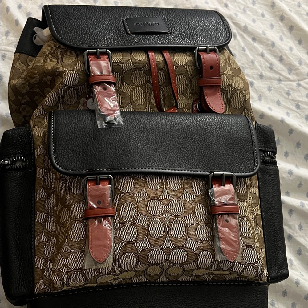 Coach Men's Tan and Black Backpack with Red Accents